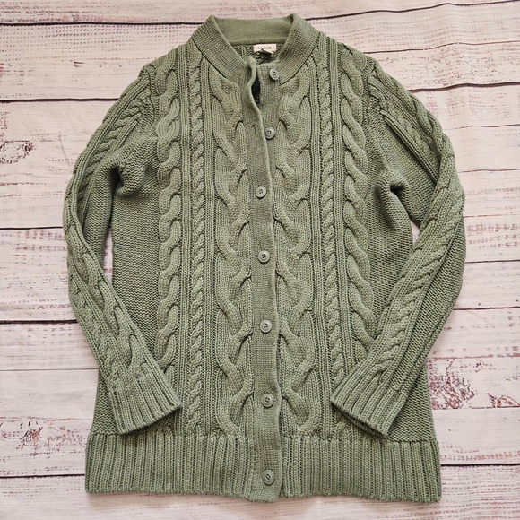 L.L.Bean Sweaters - L.L. Bean Green Cableknit Cotton Button Up Cardigan Womens Large